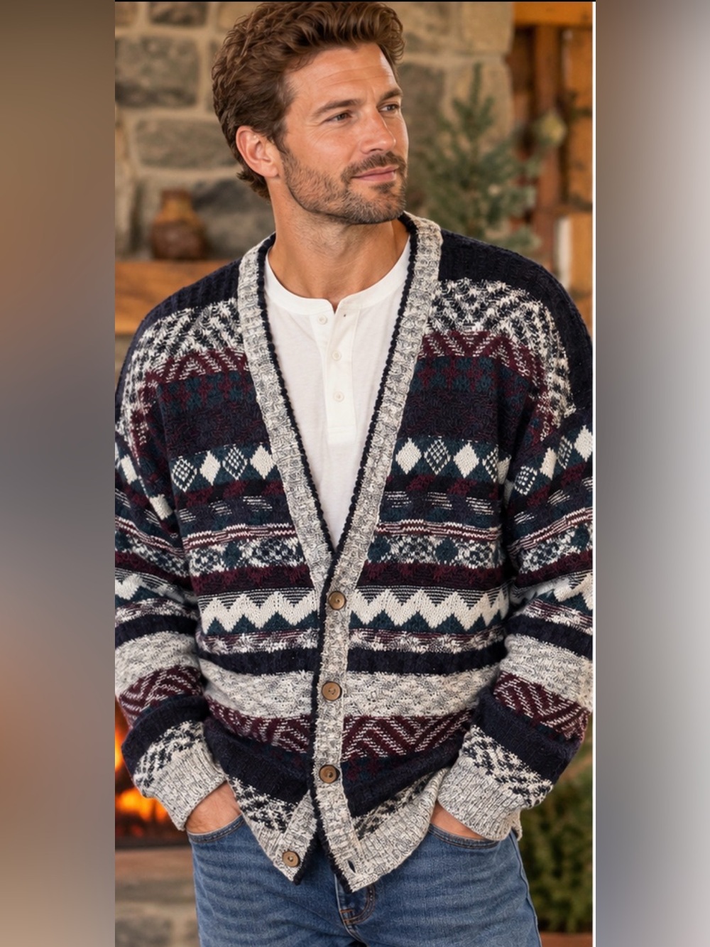 Expressions Worldwide Button-Front Knit Cardigan, Aztec Boho Unisex Relaxed Fit